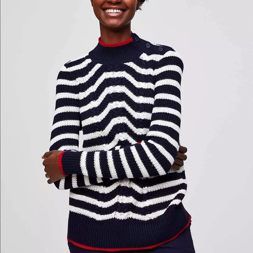 LOFT Navy‎ Blue & White Nautical striped cable knit sweater Size Small